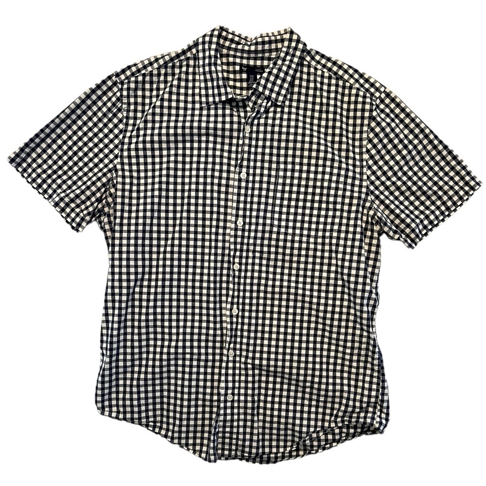 GAP Short Sleeve Button Down Shirt in Navy, White, Yellow Gingham Sz XL Slim​​​​